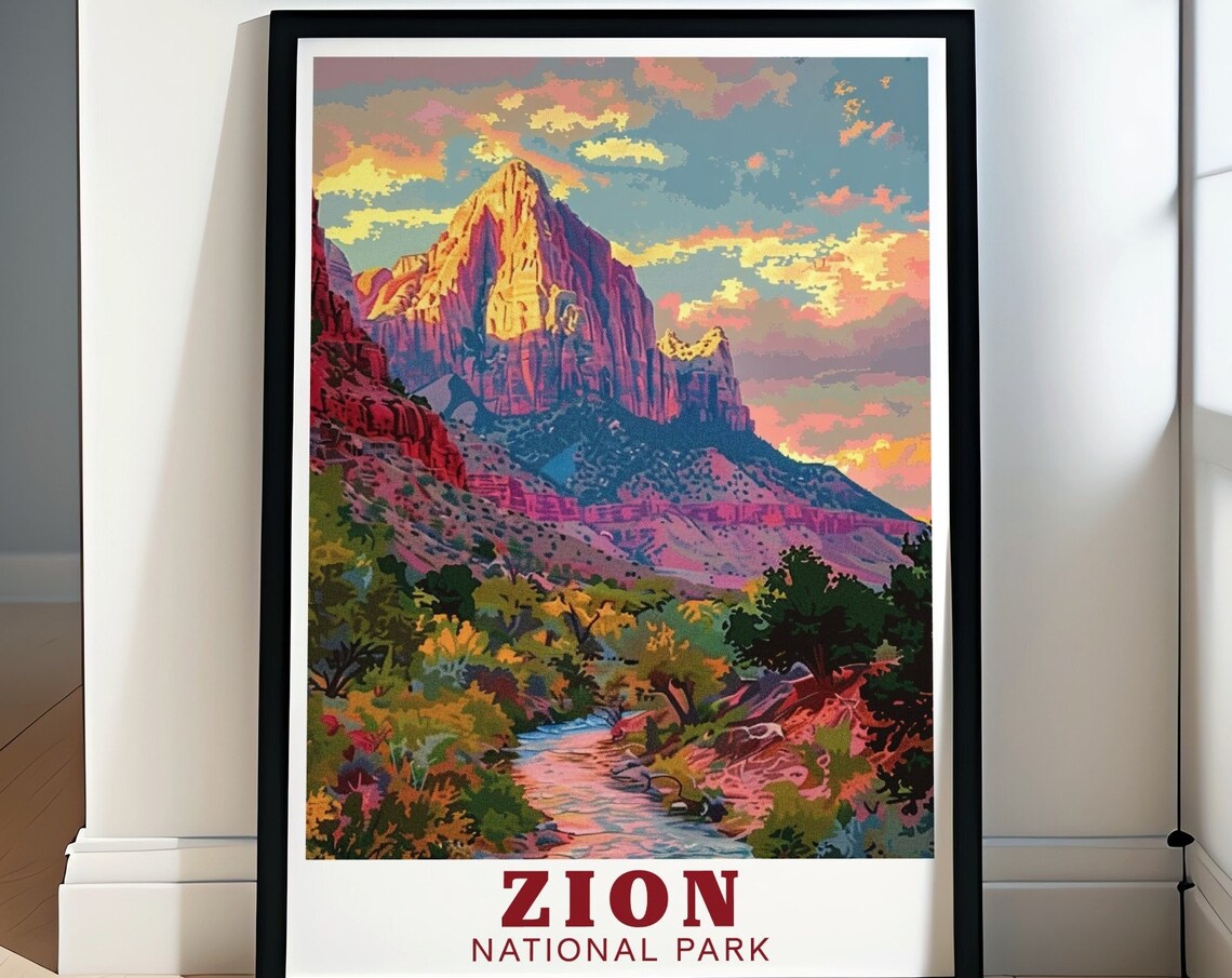Zion National Park The Watchman Sunset Peak Glow Travel Poster