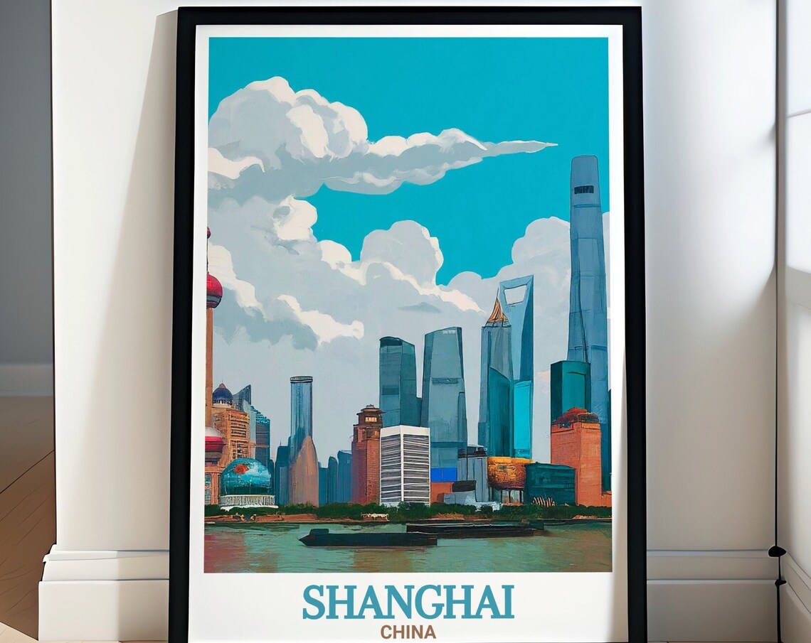 Shanghai China The Bund Pudong Skyline River Retro Sky Poster
