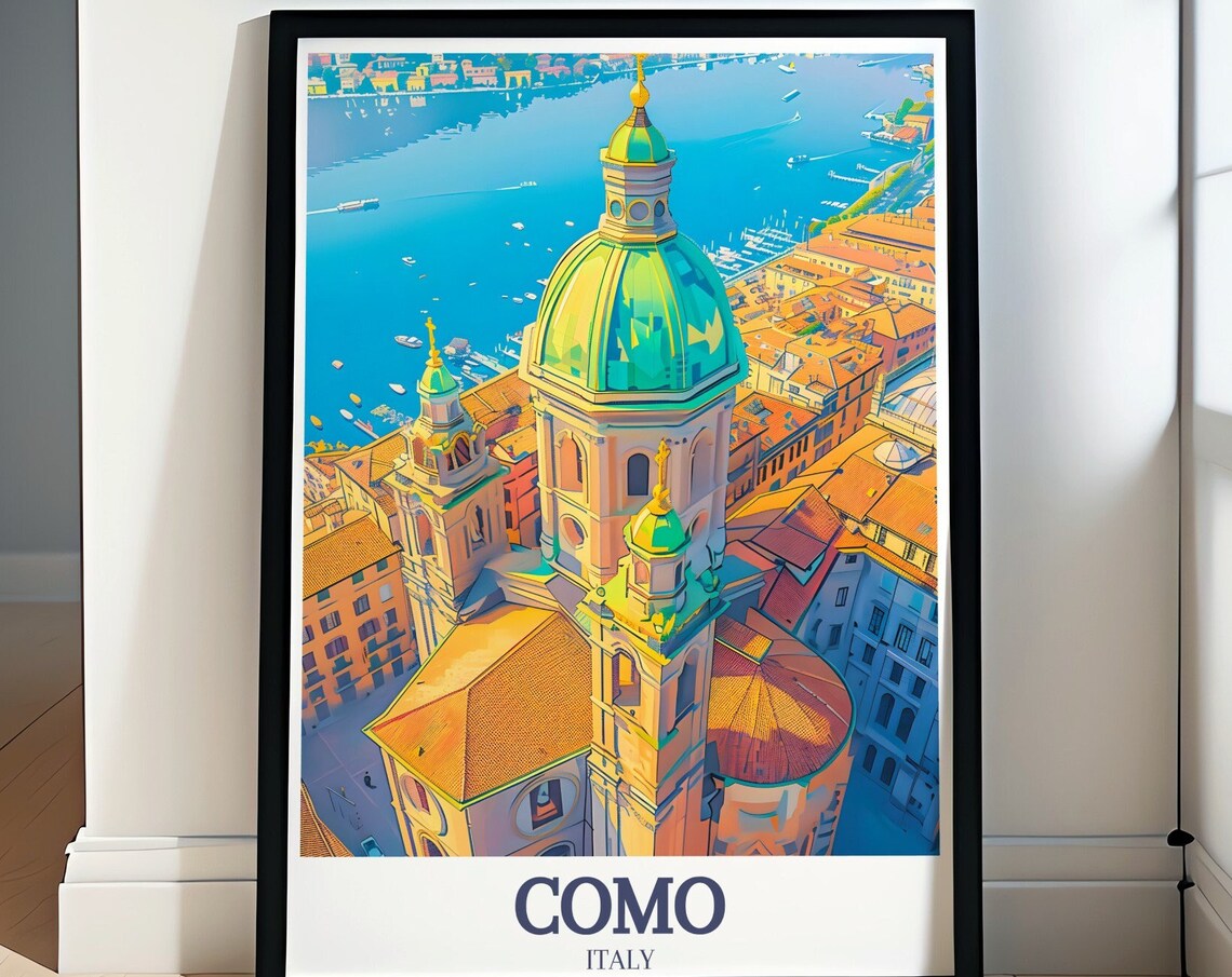 Como Italy Grand Cathedral Dome Above Lake Como Travel Poster