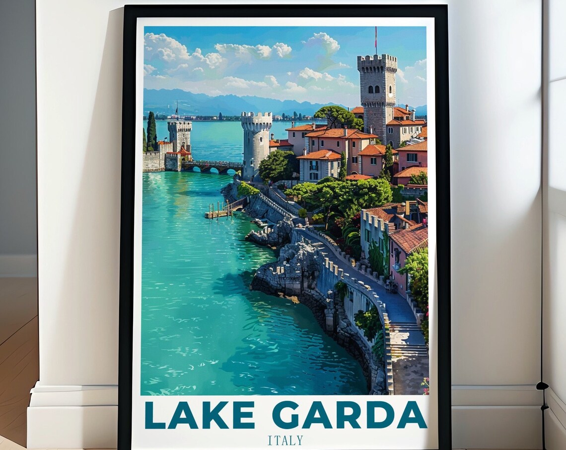 Lake Garda Italy Lakeside Town Medieval Castle Towers View Poster