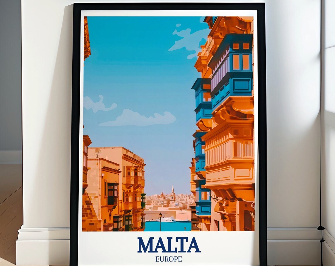 Malta Grand Harbour Colorful Wooden Balconies Street Travel Poster