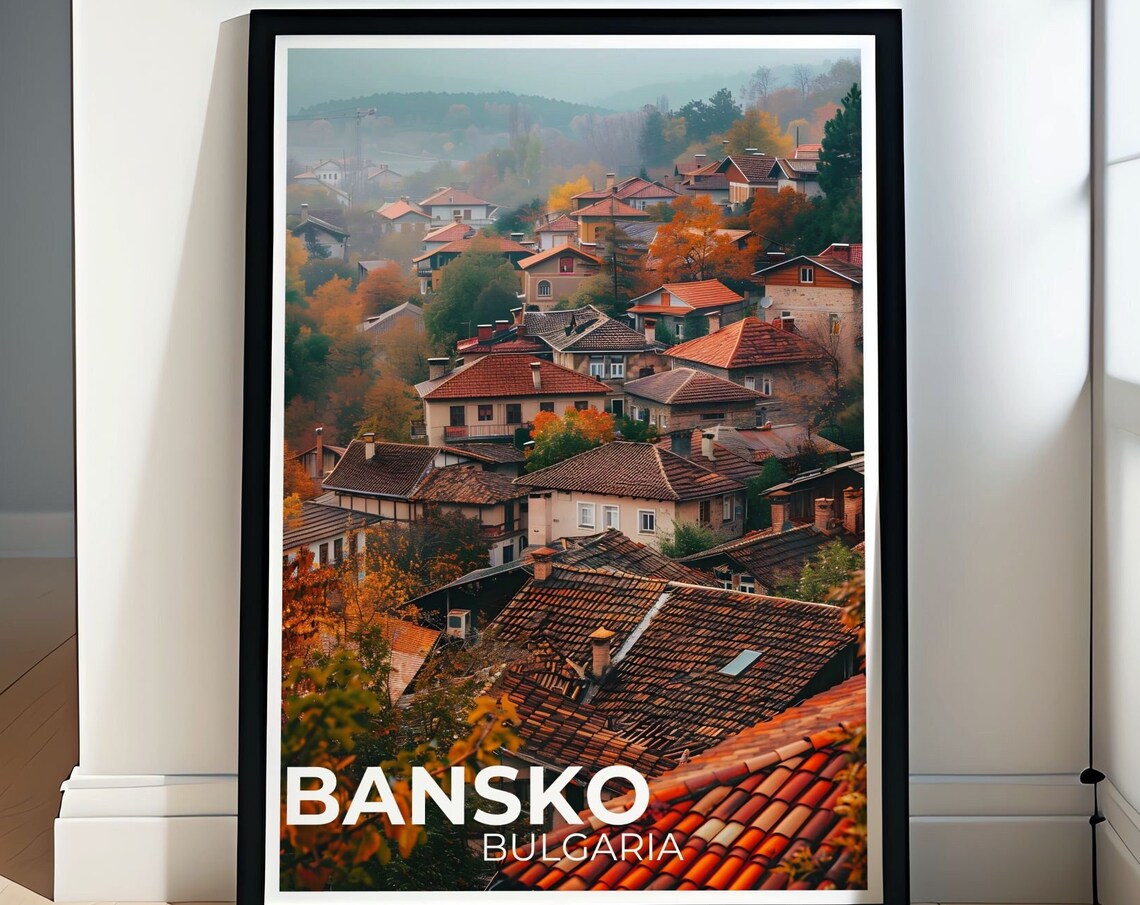 Bansko Bulgaria Old Town Rooftops Autumn Illustrated Travel Poster