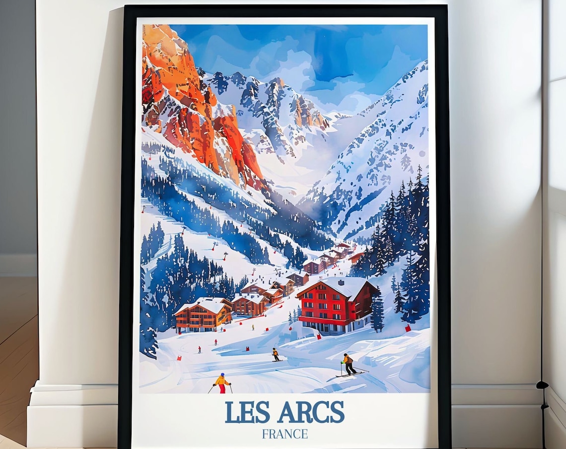 Les Arcs France Ski Resort Valley With Red Chalets Snow Travel Poster