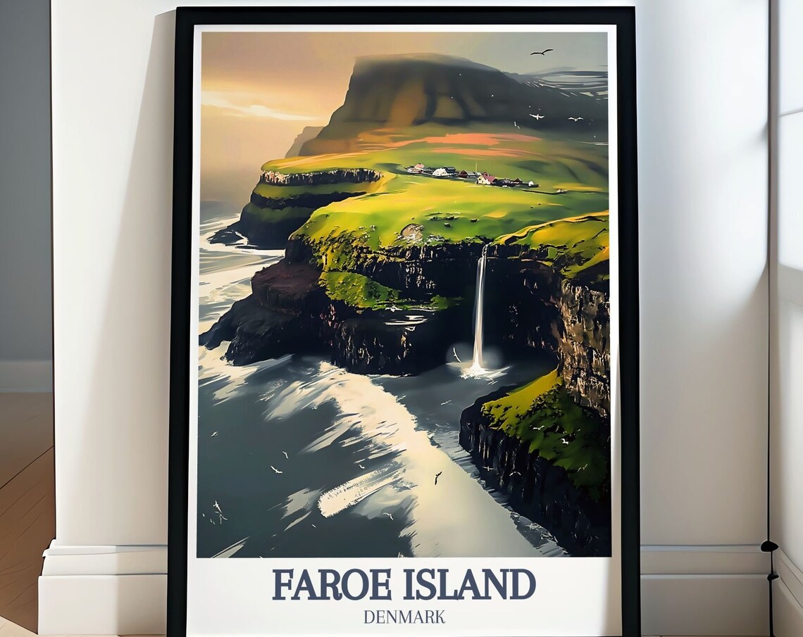 Faroe Islands Mulafossur Waterfall Gadalur Village Cliffs Poster