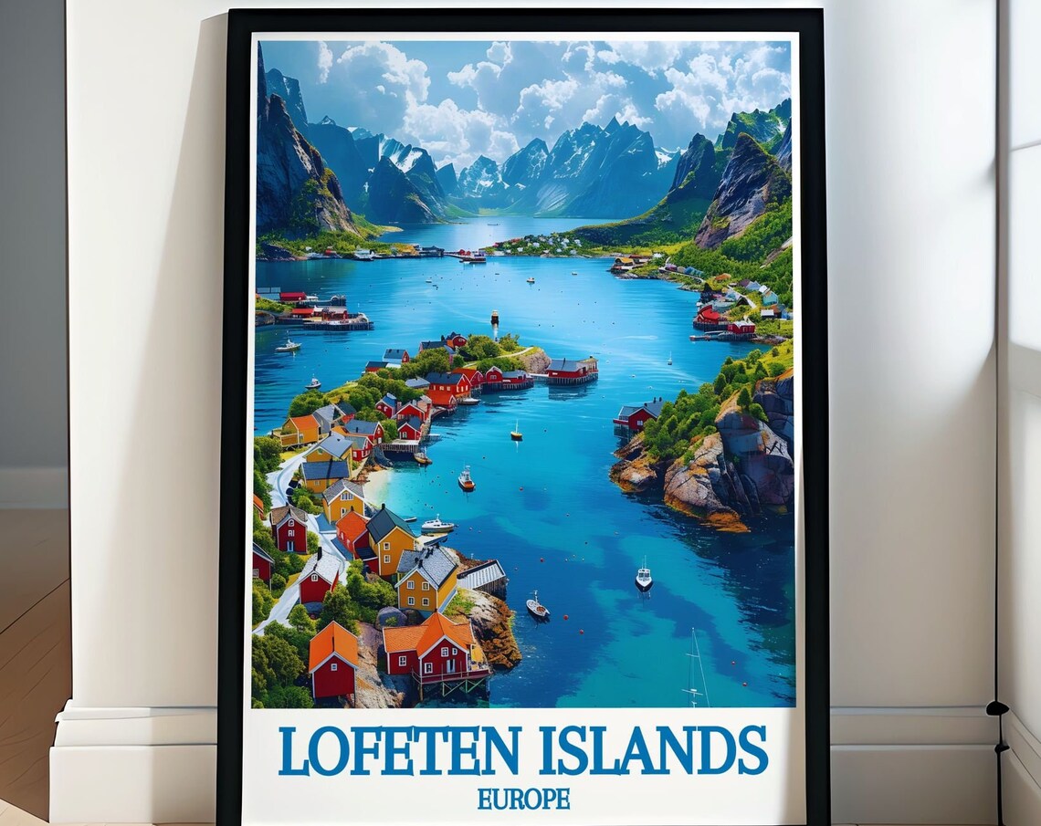 Lofoten Islands Fishing Village Red Cabins Fjord Travel Poster