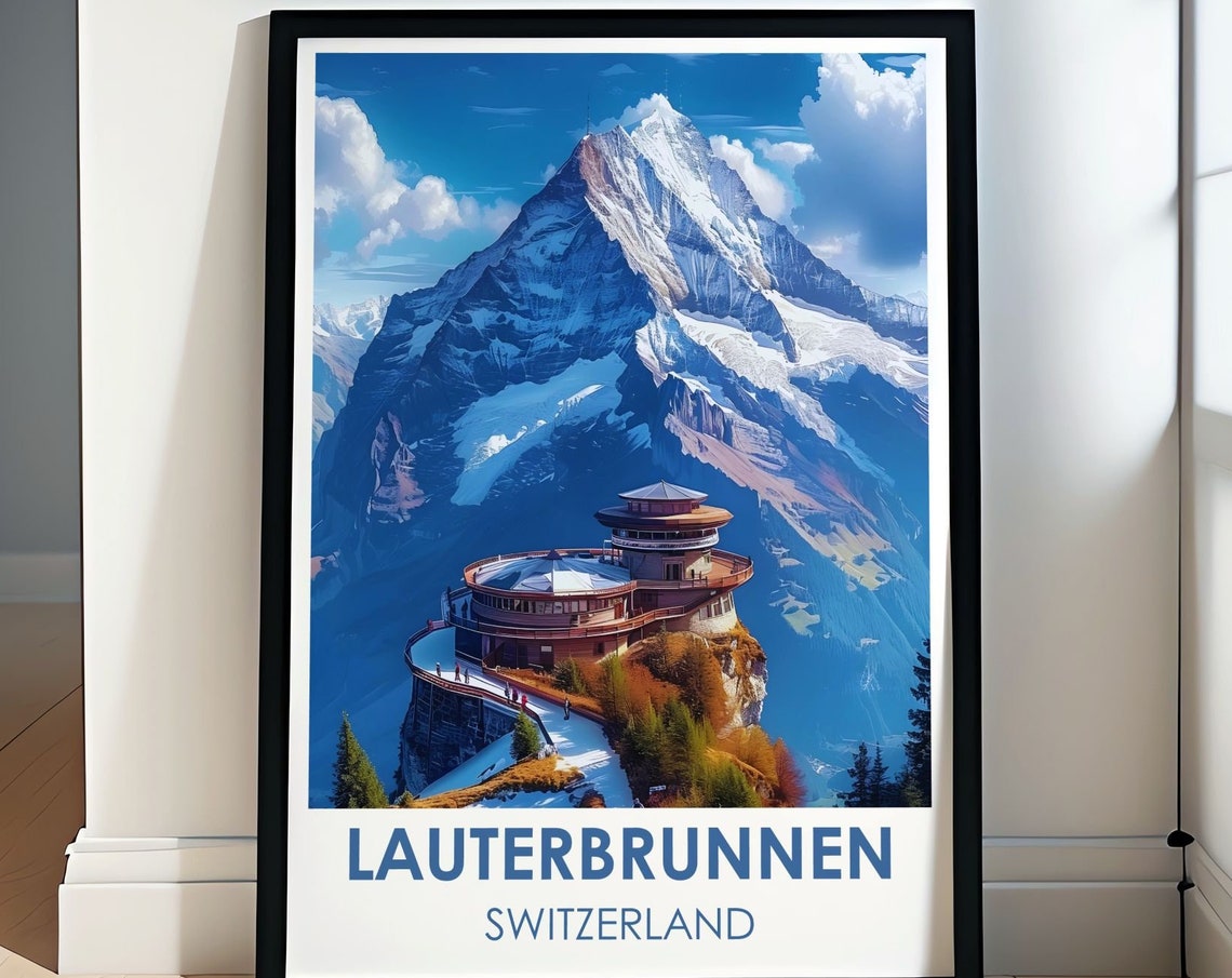 Lauterbrunnen Switzerland Snowy Peak and Cliffside Viewing Deck Poster
