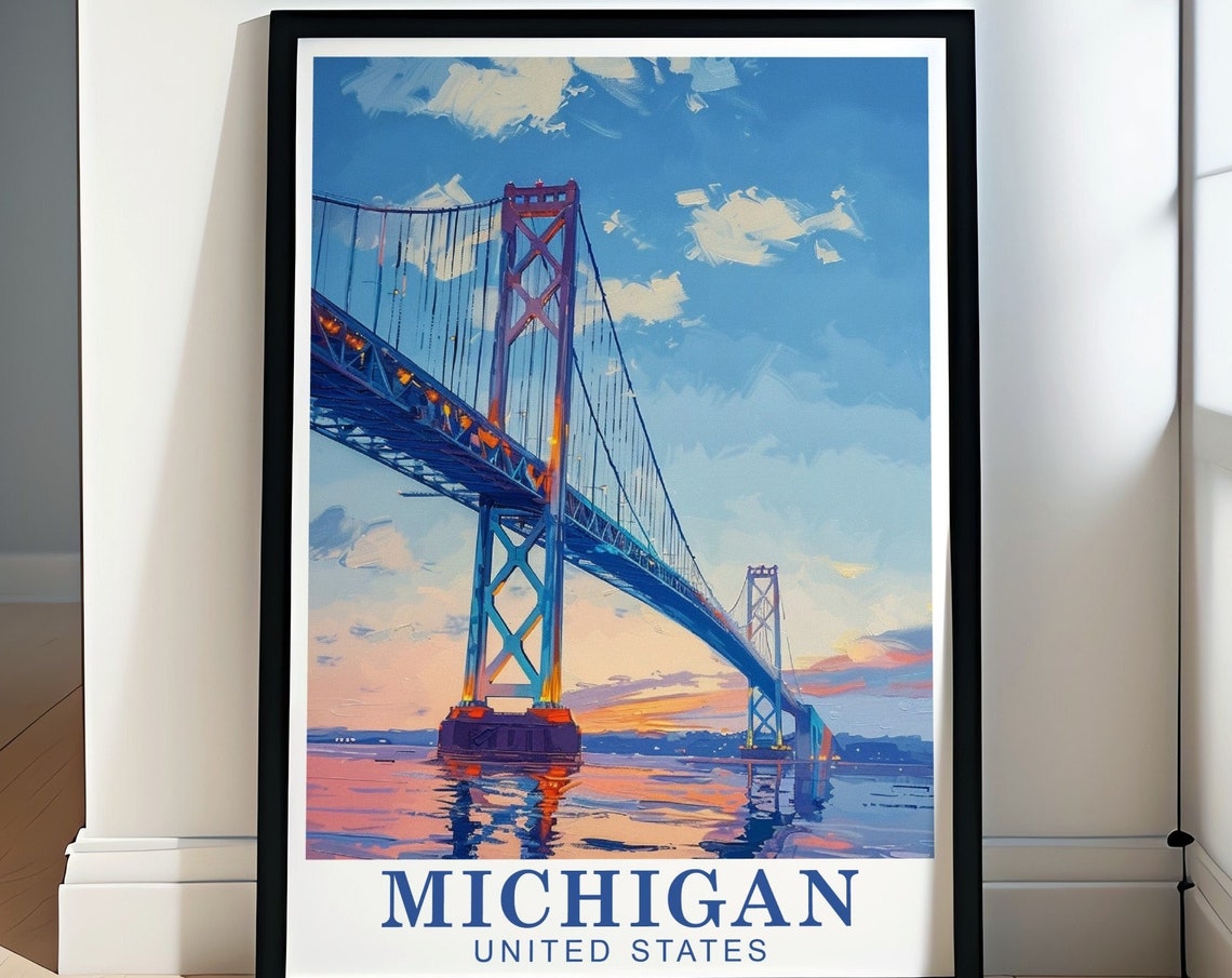 Mackinac Bridge Michigan Sunset Towers Over Water View Poster