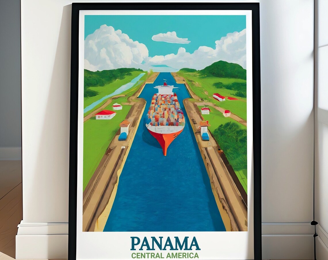 Panama Canal Cargo Ship Passing Through the Locks Panorama Poster
