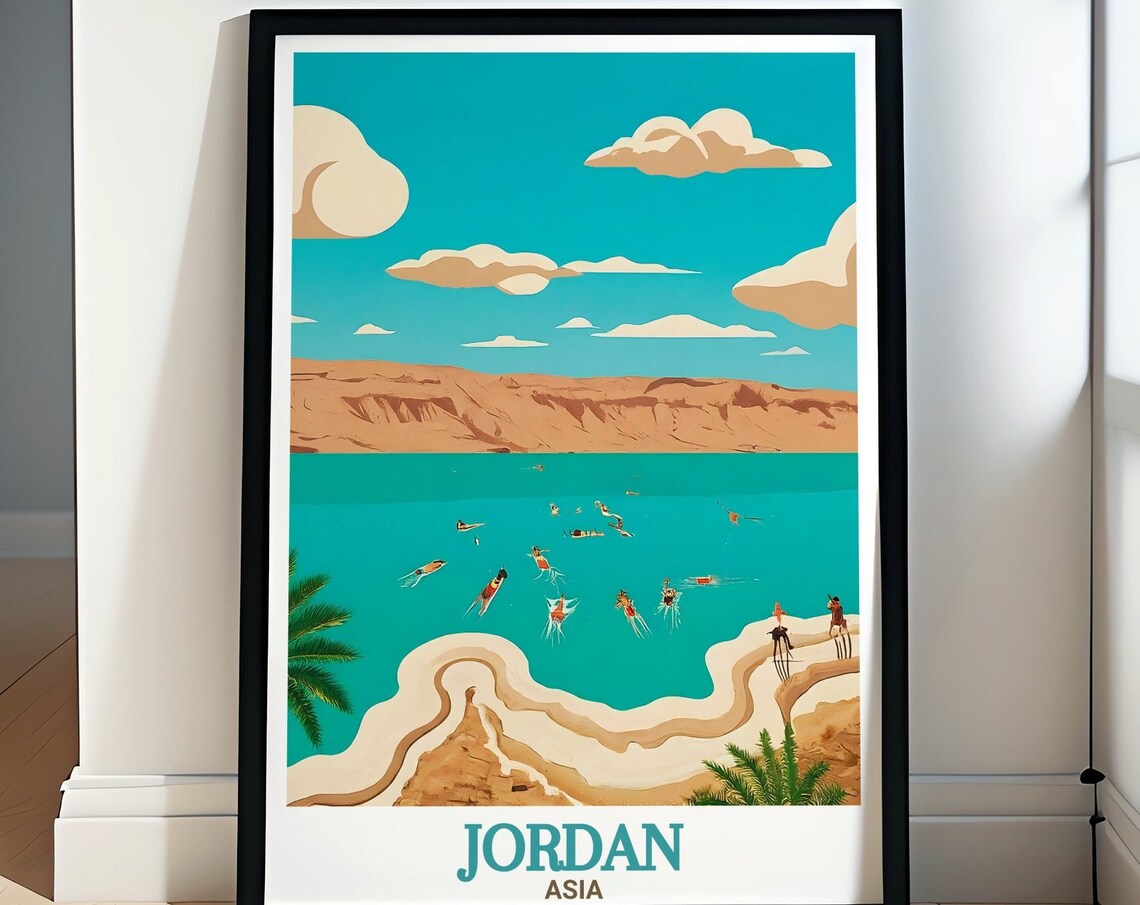 Jordan Dead Sea Floating Swimmers Salt Cliffs Scenic Travel Poster
