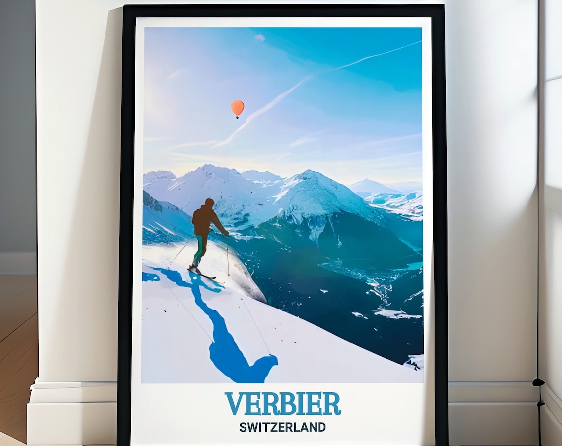 Verbier Switzerland Skier on Alpine Peak Hot Air Balloon Poster