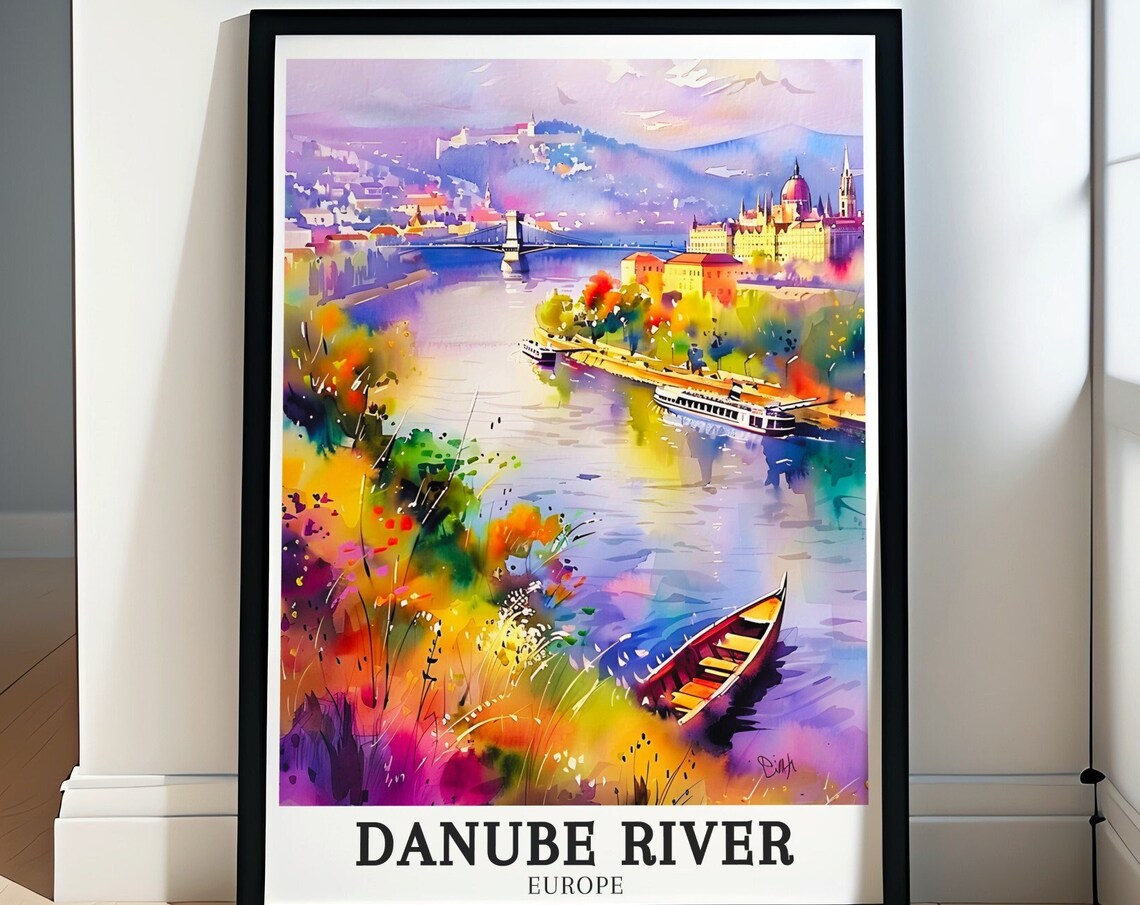 Danube River Budapest Watercolour Riverside Boats Scene Poster