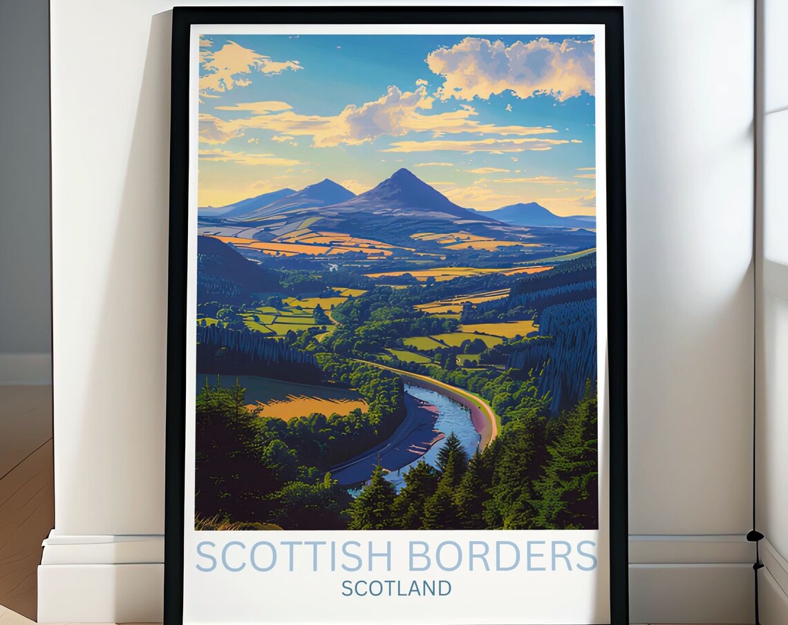 Scottish Borders Scotland Rolling Hills Winding River Travel Poster