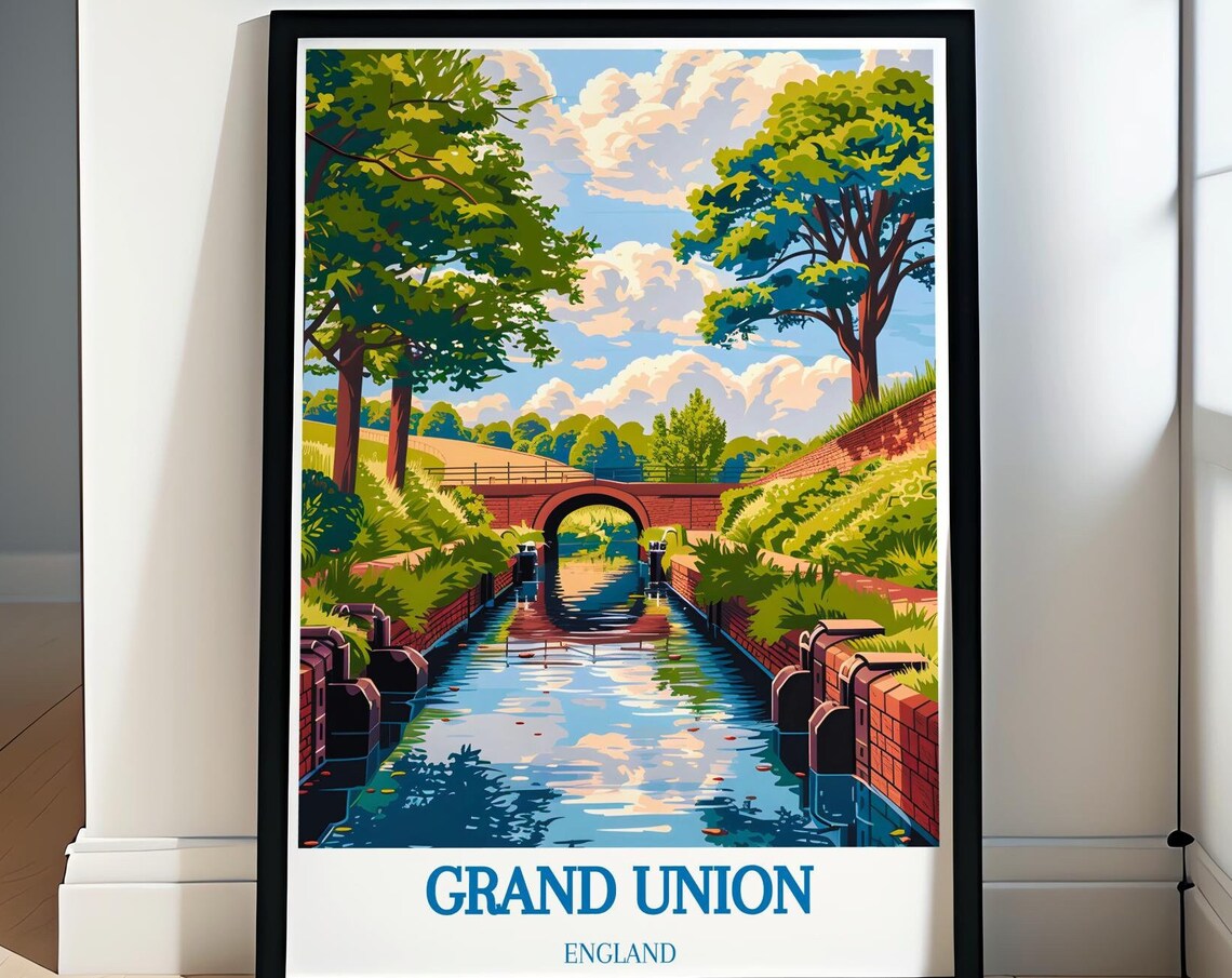 Grand Union Canal England Brick Lock Bridge Trees Scenic Travel Poster