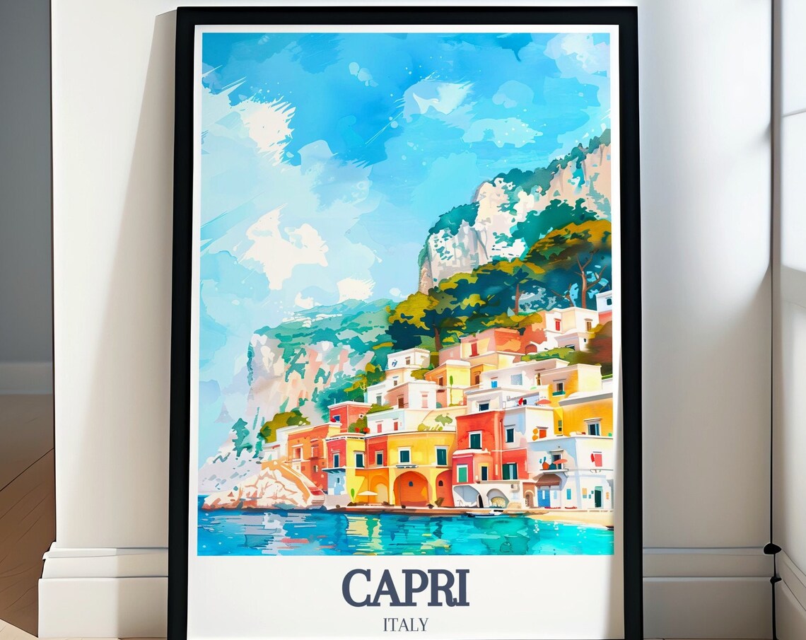 Capri Italy Colorful Seaside Cliff Houses Watercolor Travel Poster