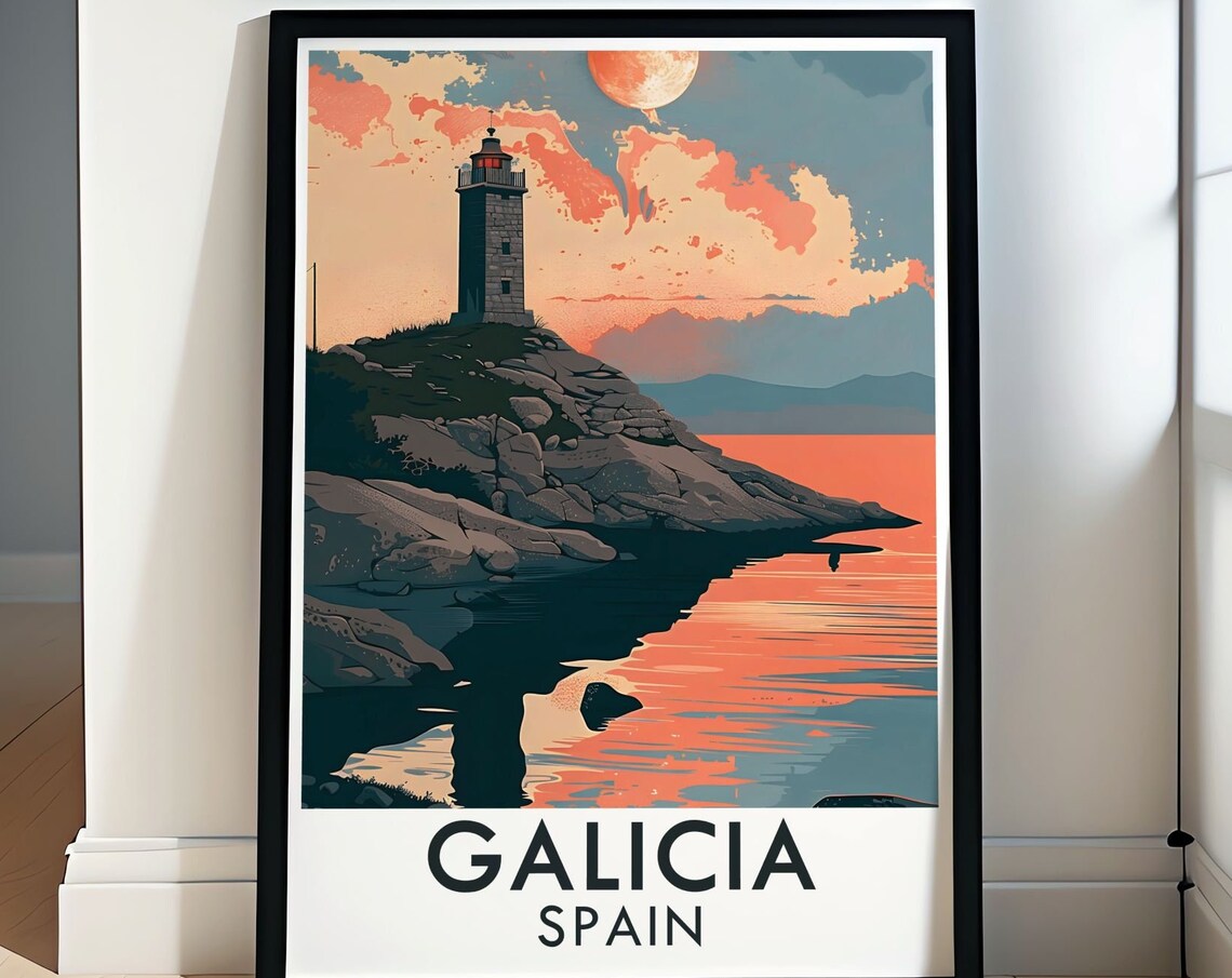 Galicia Spain Lighthouse on Rocky Point at Sunset Travel Poster