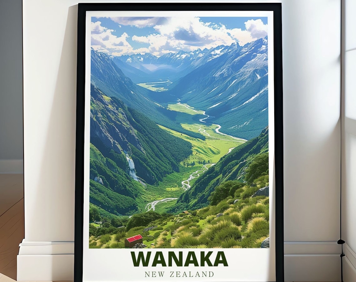 Wanaka New Zealand Green Valley With Red Hut Vista Travel Poster