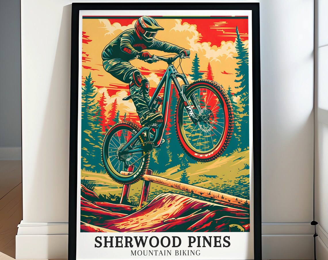 Sherwood Pines Mountain Bike Jump Log Rider Retro Trail Poster