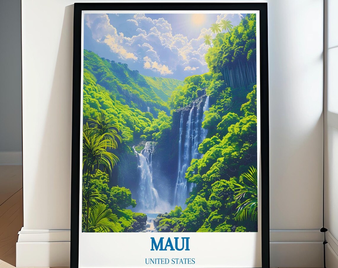 Maui Hawaii Tropical Waterfall Deep Lush Jungle Travel Poster