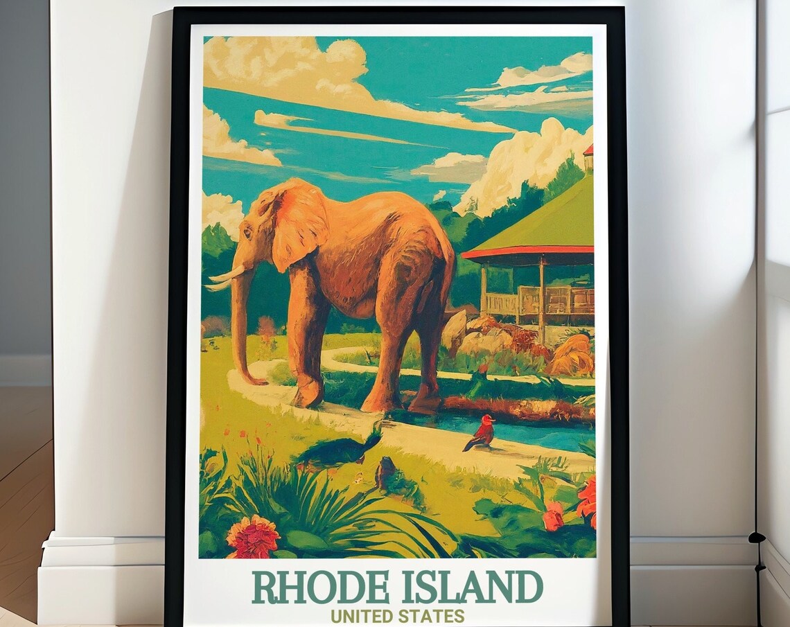Rhode Island USA Zoo Elephant Retro Wildlife Illustration Poster