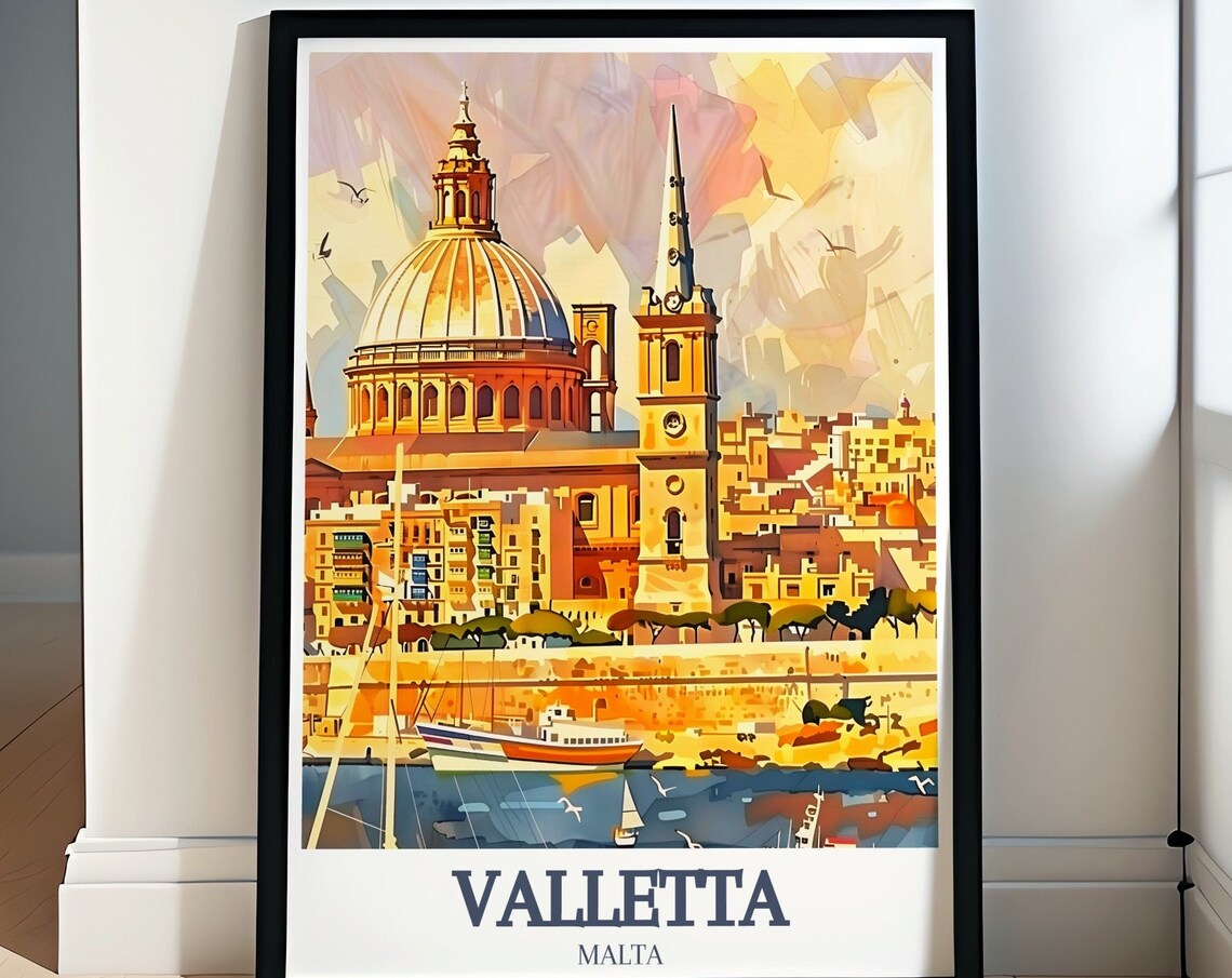 Valletta Malta Co Cathedral Dome Harbour Watercolor Art Poster