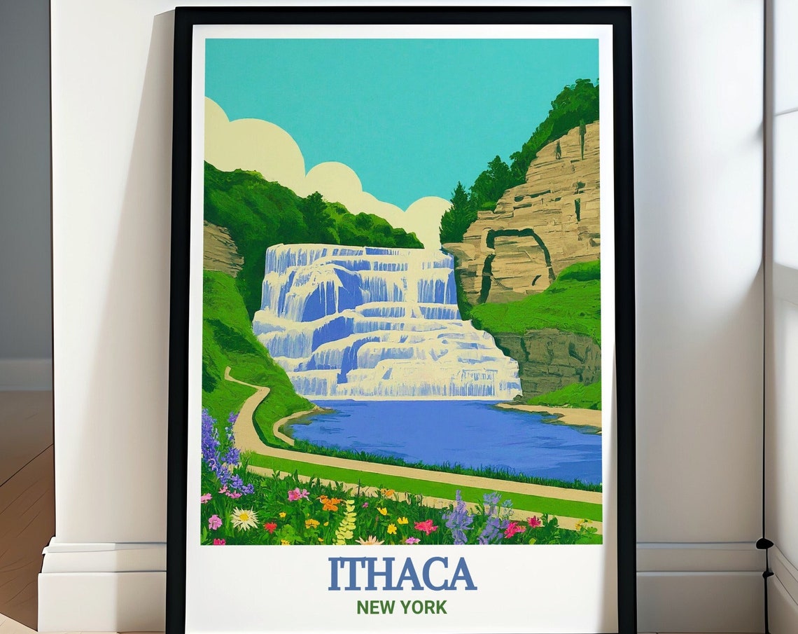 Ithaca Falls Cascading Waterfall Retro New York Nature Poster