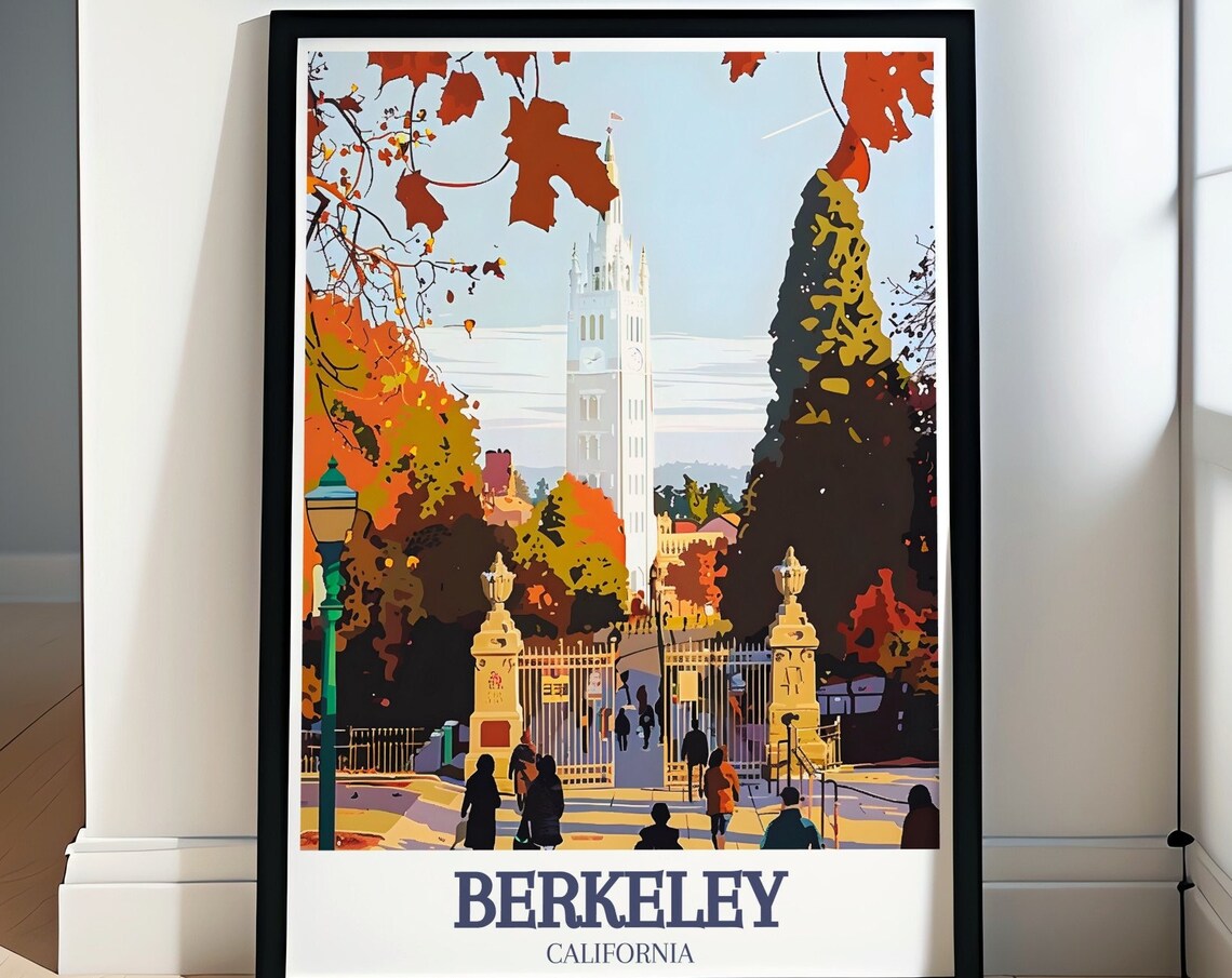 Berkeley Campanile Autumn Leaves at Sather Gate College Travel Poster