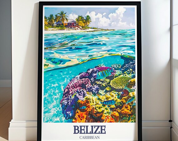 Belize Caribbean Coral Reef Underwater Scene with Beach House Poster
