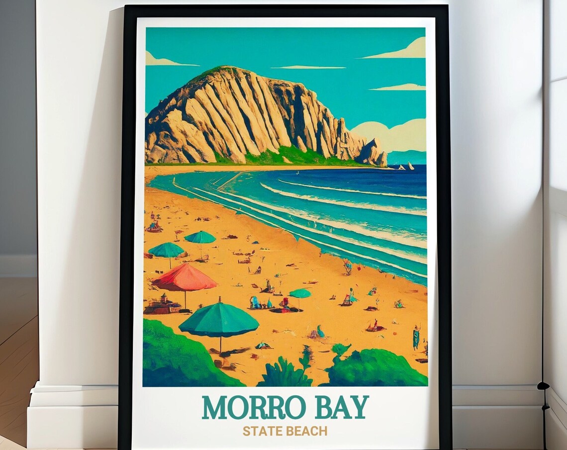 Morro Rock And Sandy Beach Morro Bay California Retro Travel Poster