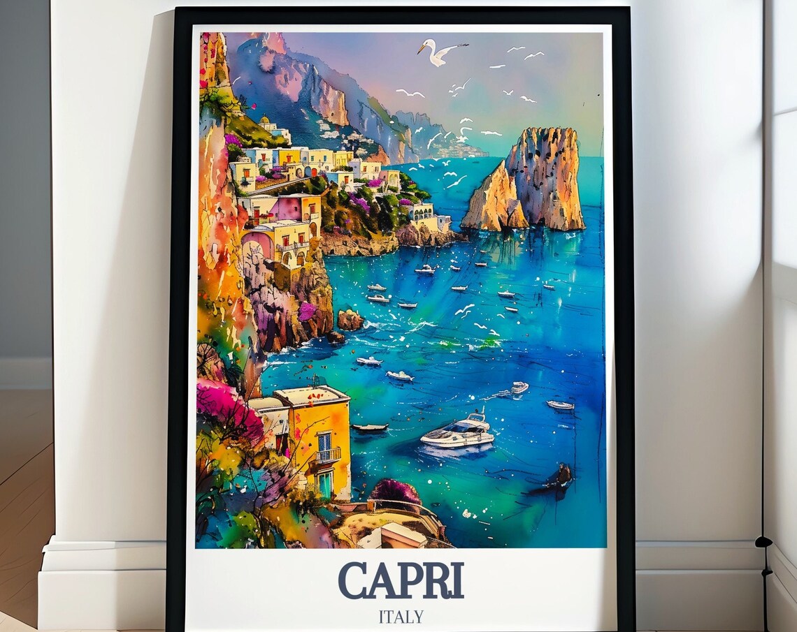 Capri Italy Marina Watercolor Boats Faraglioni Coast Travel Poster
