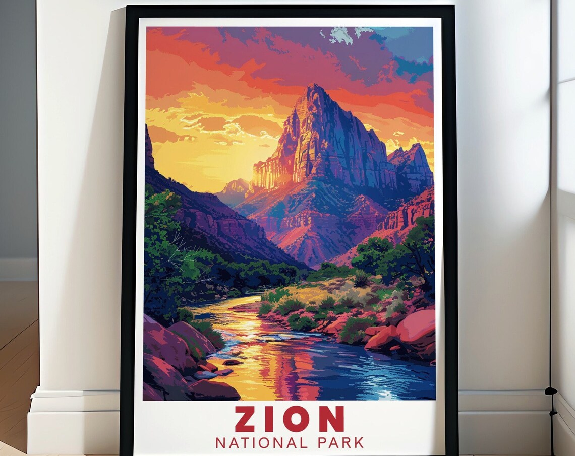 Zion National Park Watchman River Sunset Colors Travel Poster