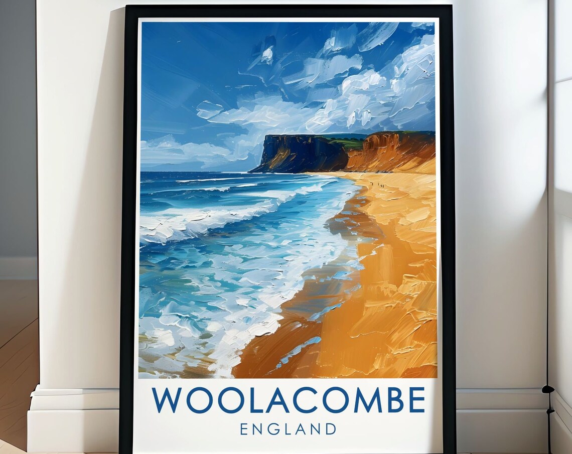 Woolacombe Golden Beach Cliffs Impasto Oil Painting Travel Poster