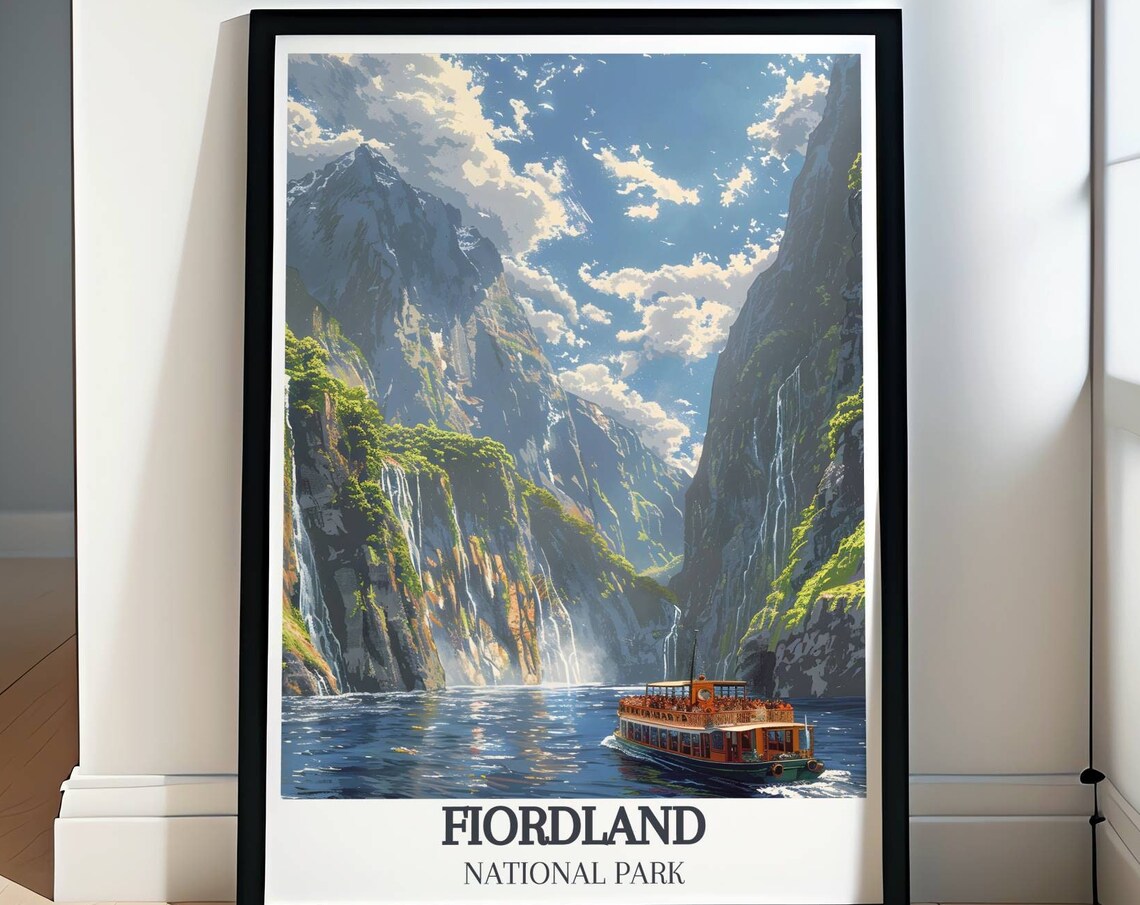 Fiordland National Park Milford Sound Cruise Boat Cliffs Poster