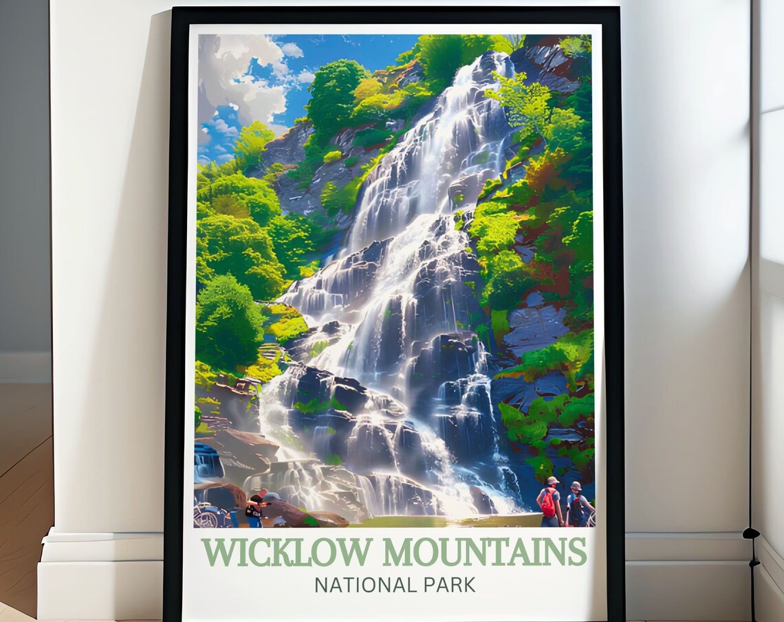 Wicklow Mountains Tall Waterfall Green Forest Hikers Ireland Poster