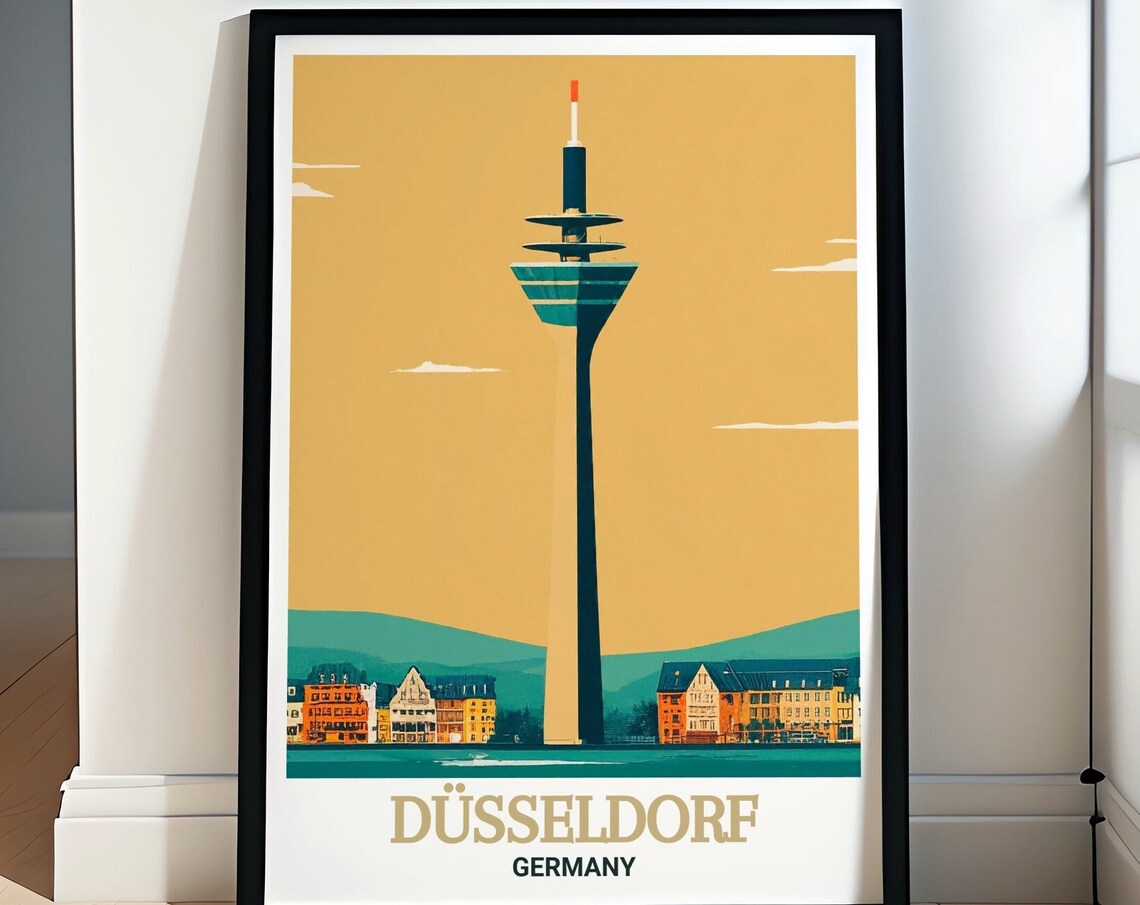Düsseldorf Germany Rheinturm Tower Retro Minimalist Travel Poster