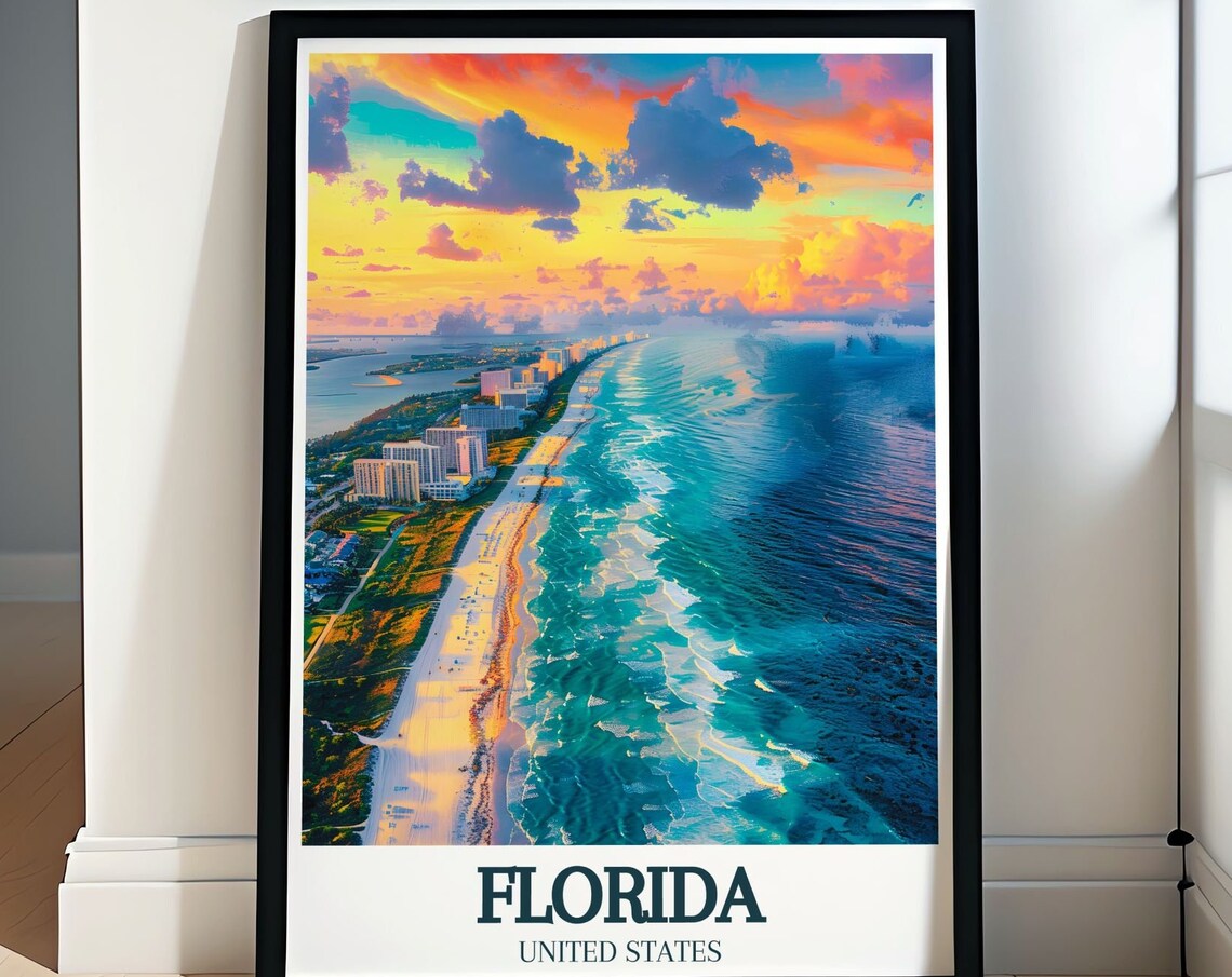 Florida South Beach Miami Sunset Coastline Aerial Travel Poster