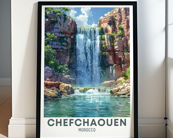 Chefchaouen Morocco Travel Print Capturing The Serene Blue City Vintage Chefchaouen Poster Retro Views Of Moroccos Hidden Gem