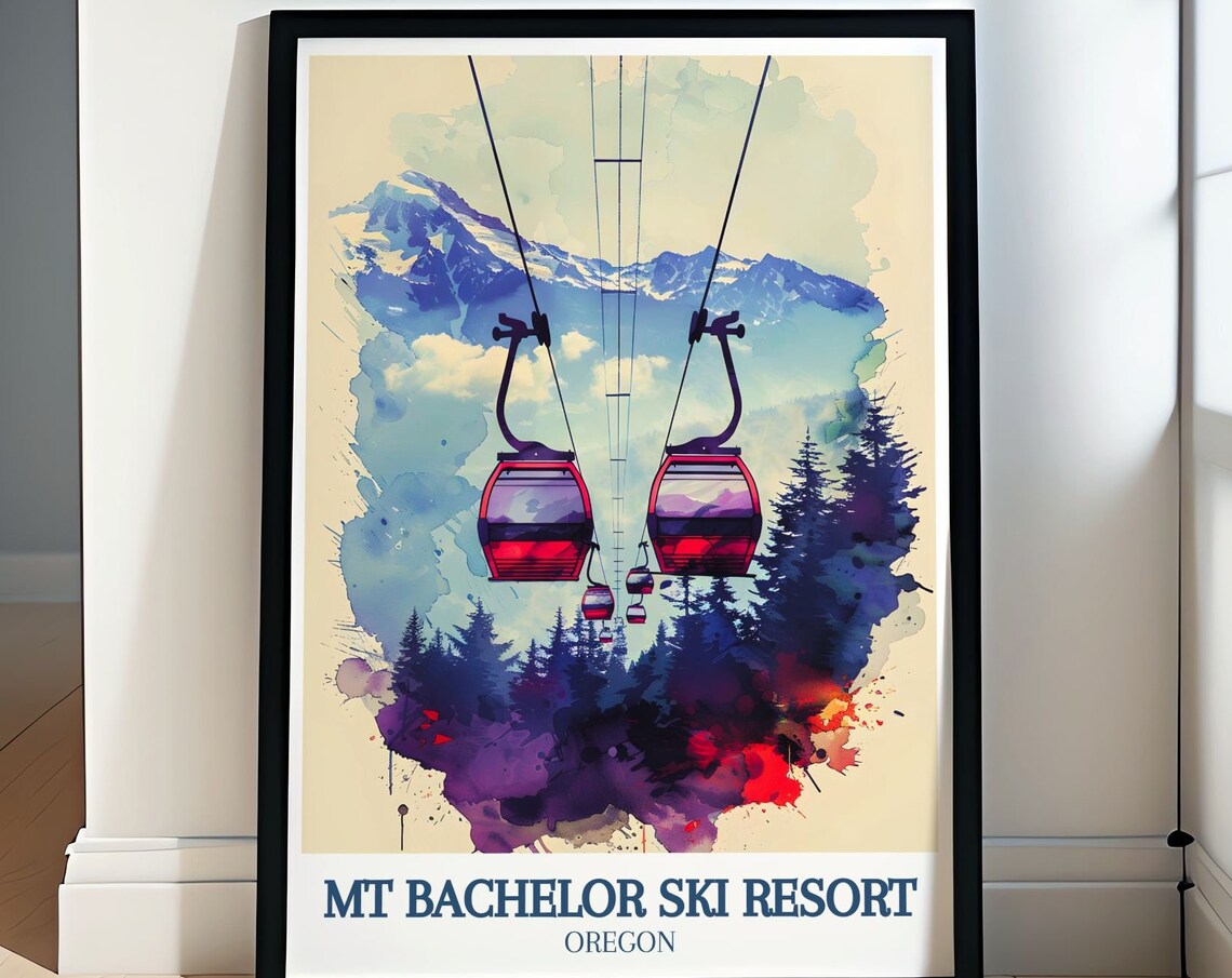 Mt Bachelor Ski Resort Watercolor Gondola Poster Over Forest