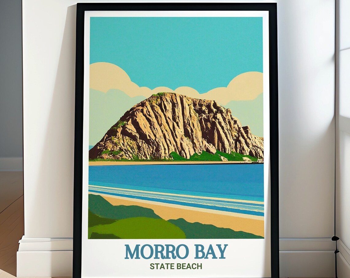 Morro Rock Over Calm Bay Morro Bay California Vintage Travel Poster