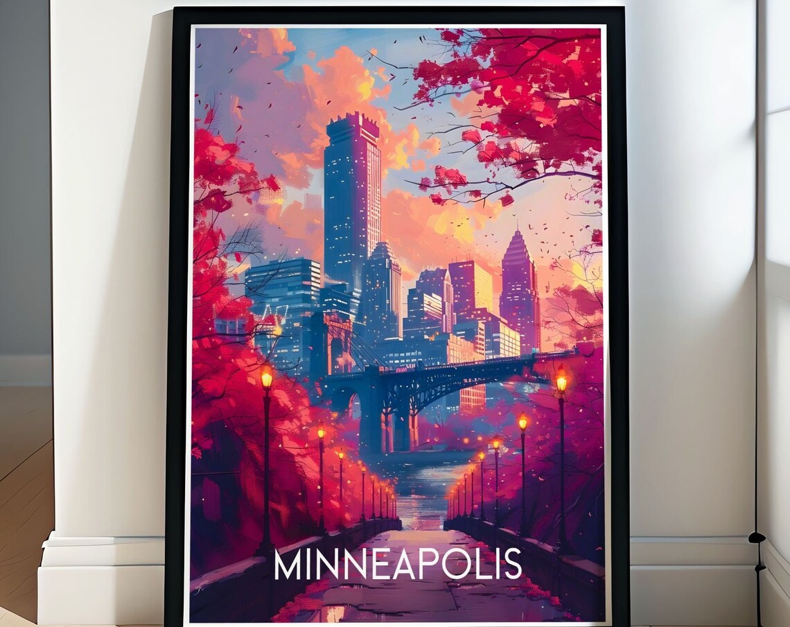 Minneapolis Skyline Sunset Riverfront Autumn City View Poster