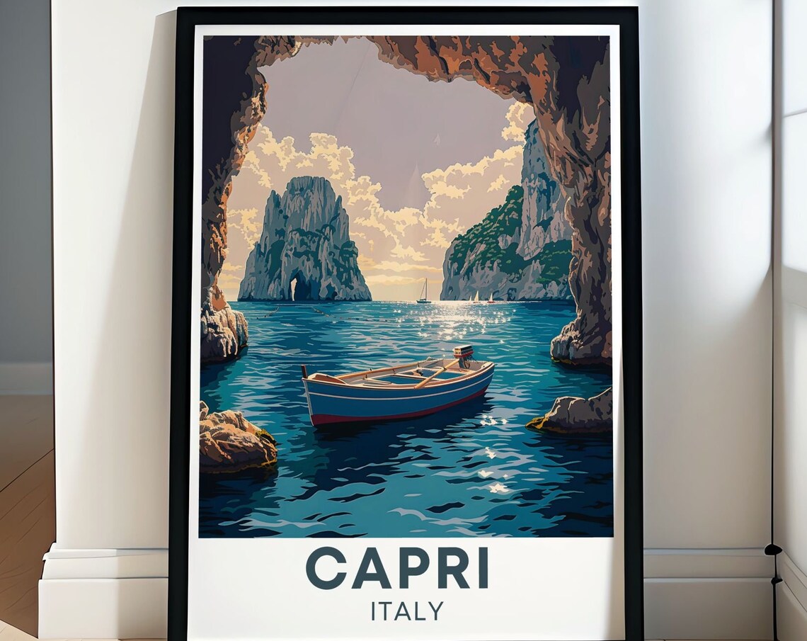 Capri Italy Blue Grotto Boat Cave Faraglioni Rocks Sea Travel Poster