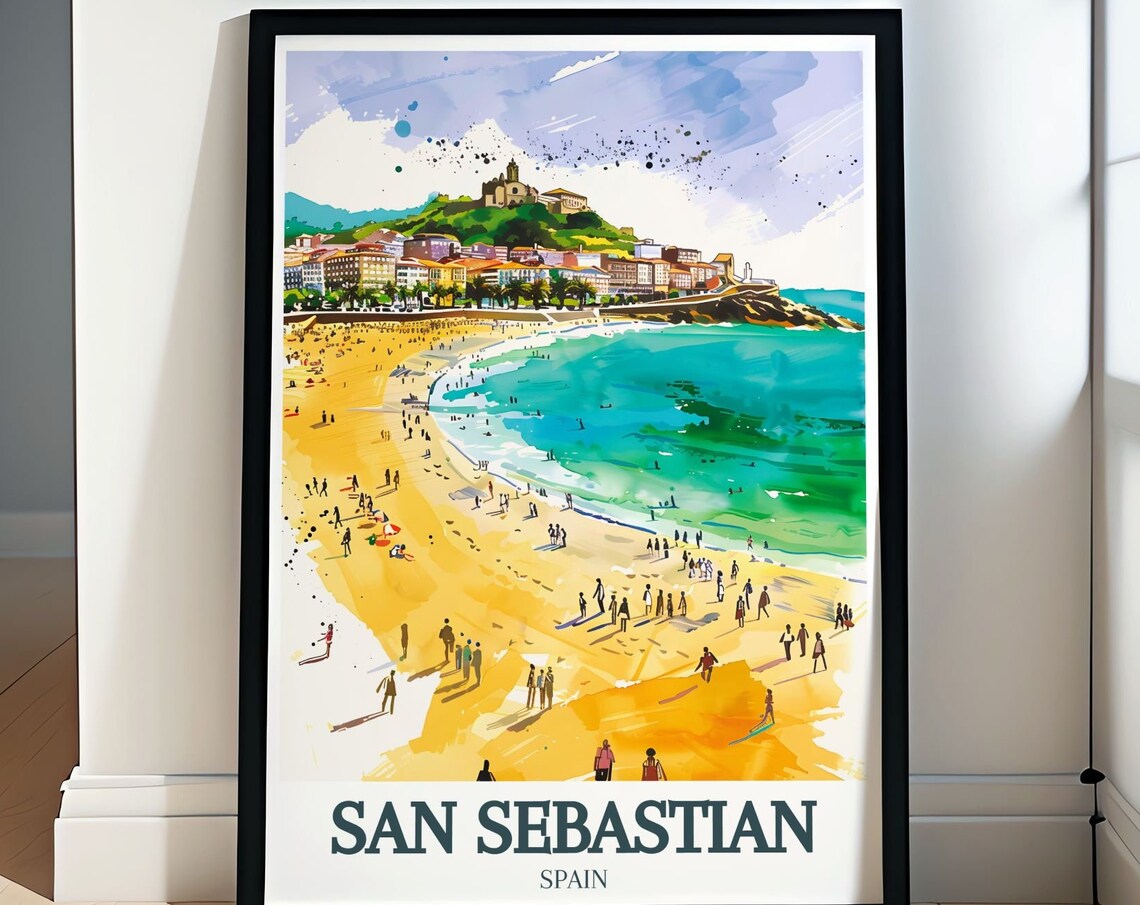 San Sebastian Spain La Concha Beach Bay Watercolor Travel Poster