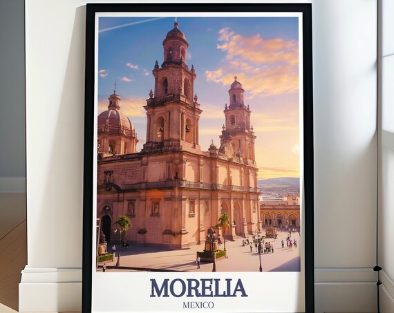 Morelia Mexico Cathedral Pink Stone Plaza Sunset Travel Poster