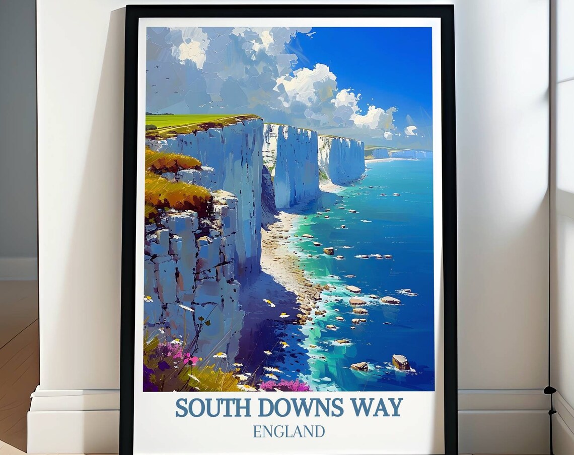 South Downs Way England Travel Poster with White Cliffs Coastal View