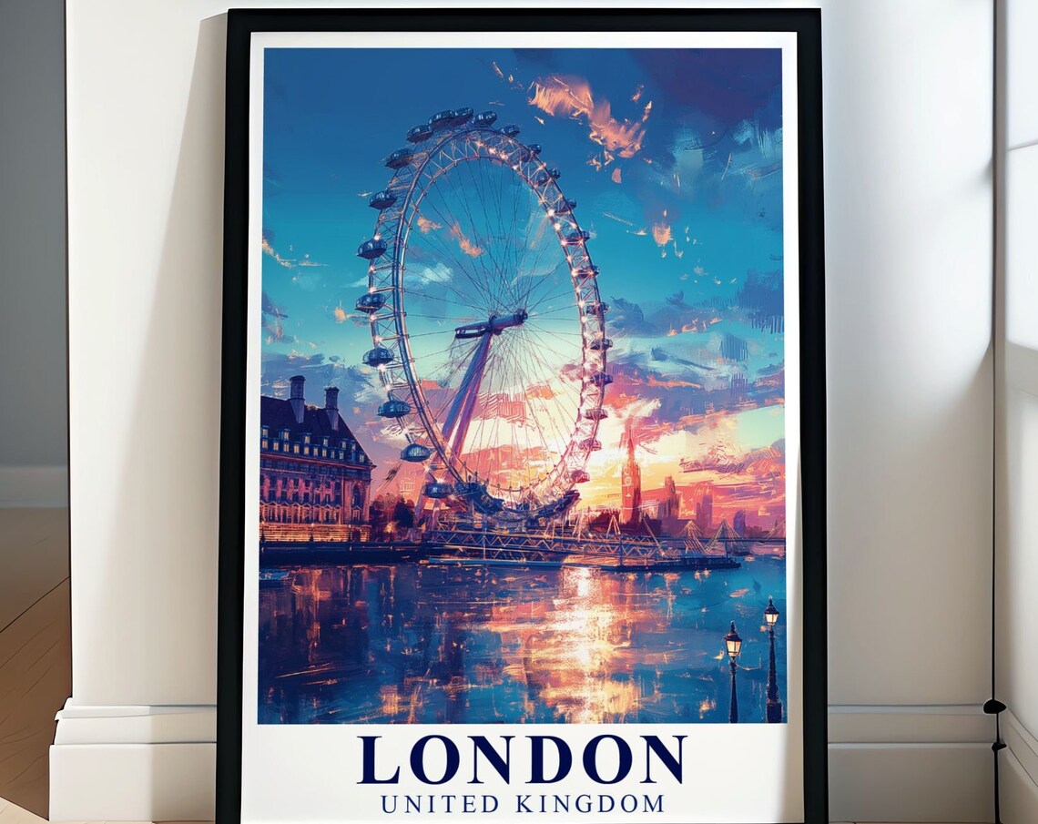 London United Kingdom London Eye Thames Sunset Big Ben Travel Poster