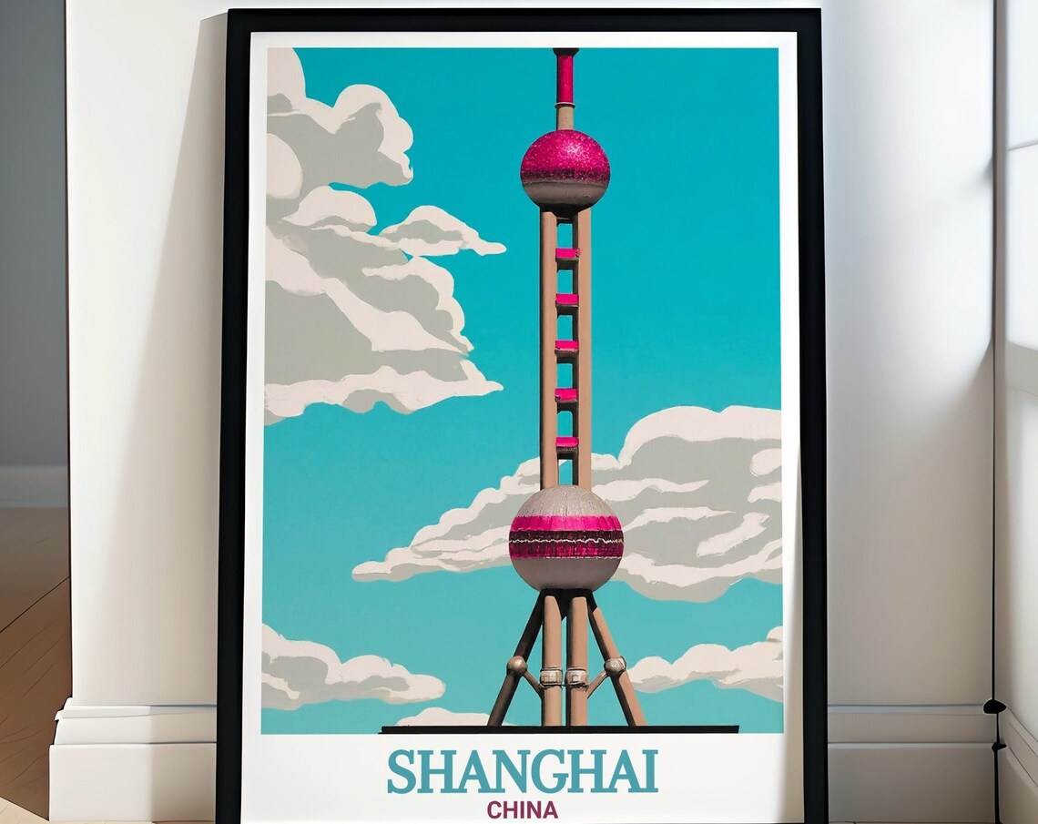 Shanghai China Oriental Pearl Tower Bold Pop Art Teal Poster