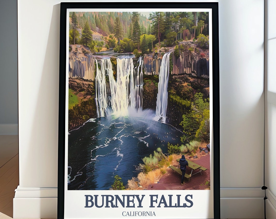 Burney Falls Wide Waterfall Over Basalt Cliffs And River Poster