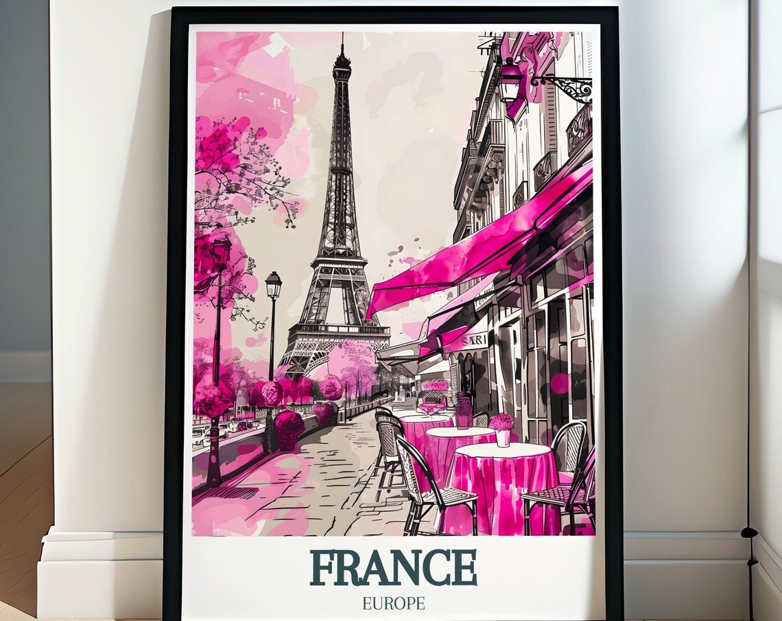 Eiffel Tower Paris Pink Cafe Terrace Watercolor Street Art Poster