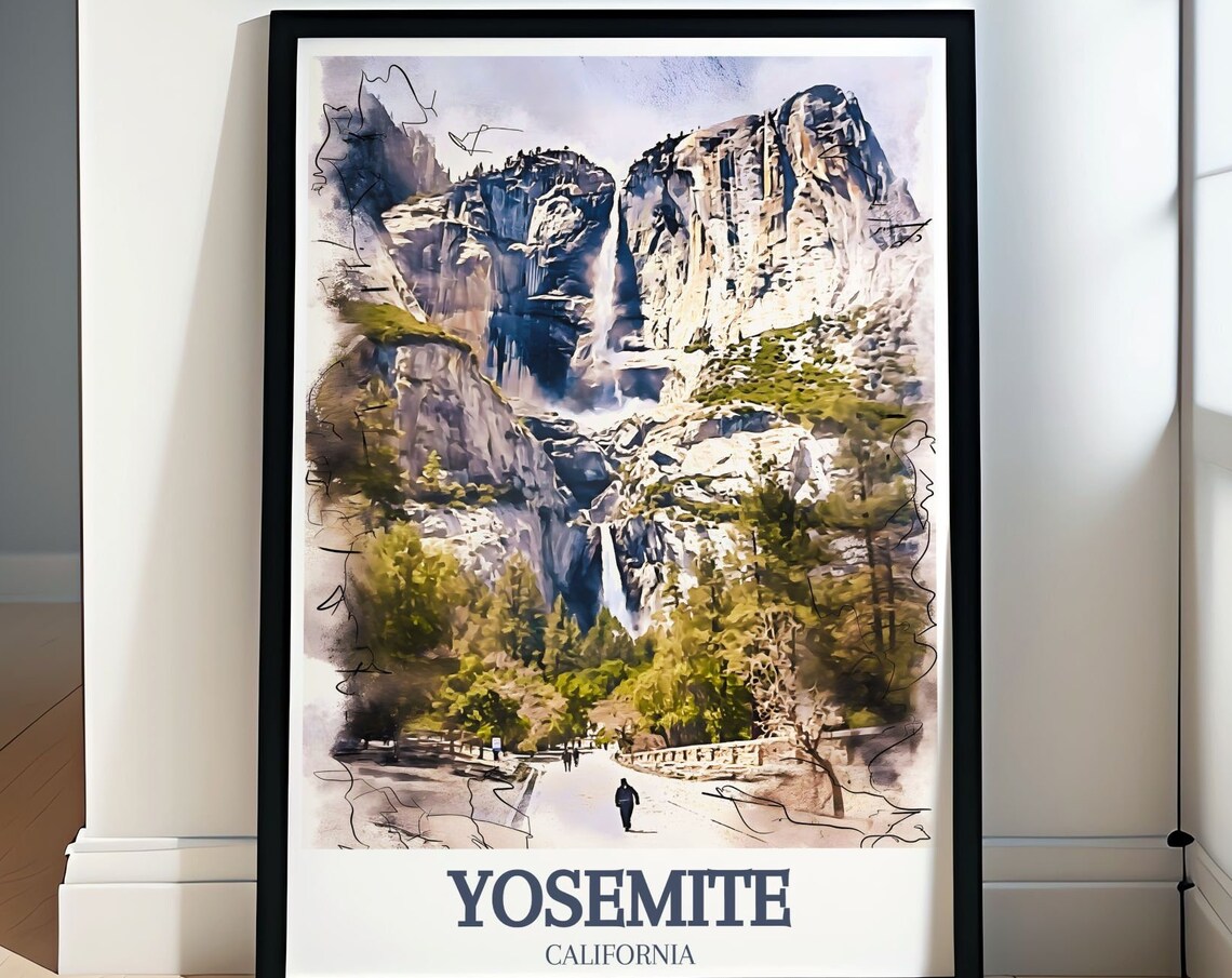 Yosemite California Waterfall Sketch Style Watercolor Travel Poster