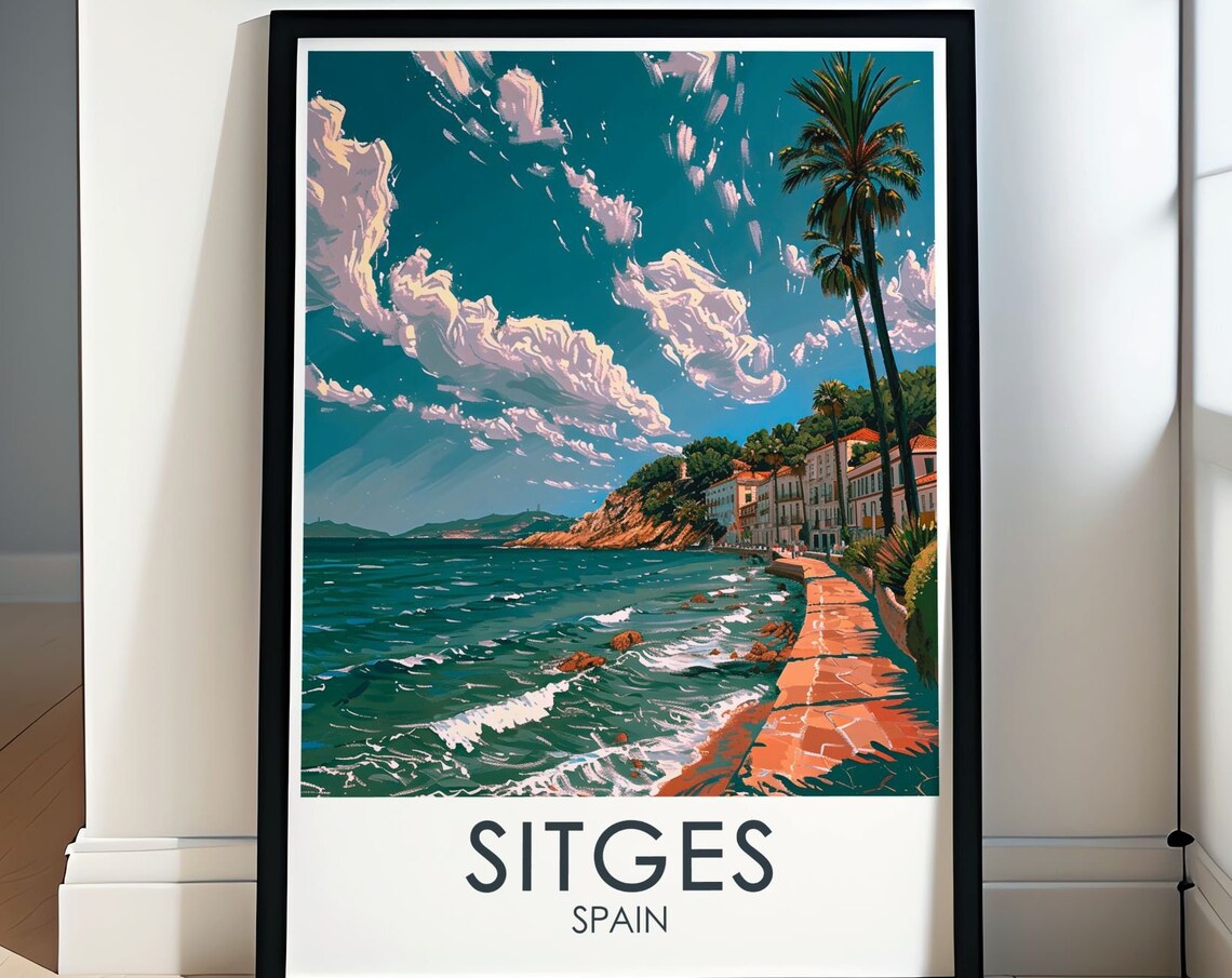 Sitges Spain Coastal Promenade Palm Trees Ocean Waves Travel Poster