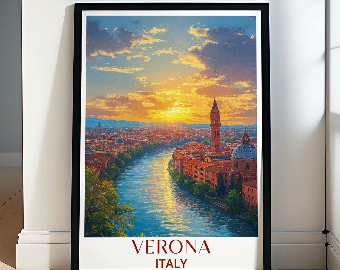 Verona Italy Sunset Over Adige River City Panorama Travel Poster